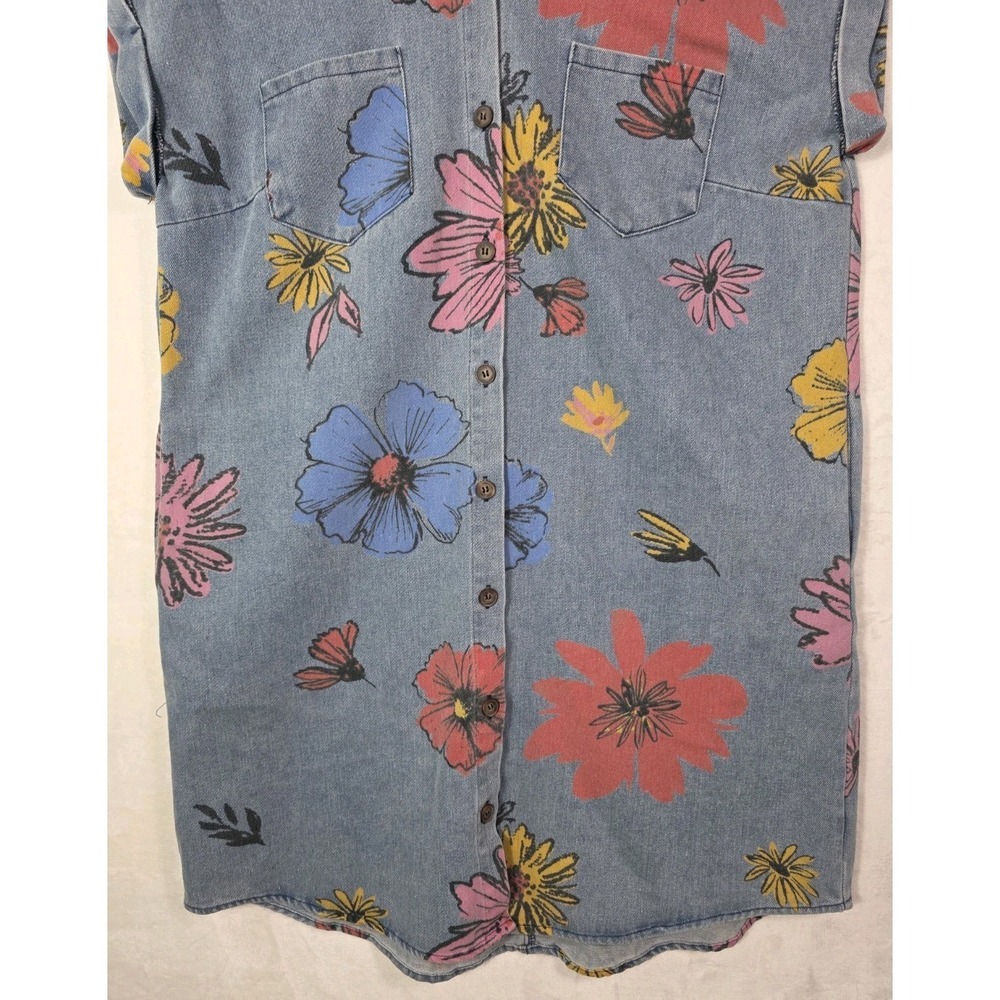 She + Sky Chambray Denim Floral Shirt Dress Button Front Tunic Boho Size L - Picture 5 of 10